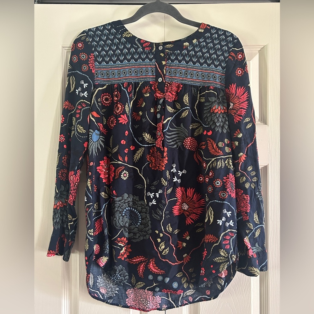 Loft Blouse Women’s Size S Navy Blue Multicolor Floral Shirt Long Sleeve Fall
